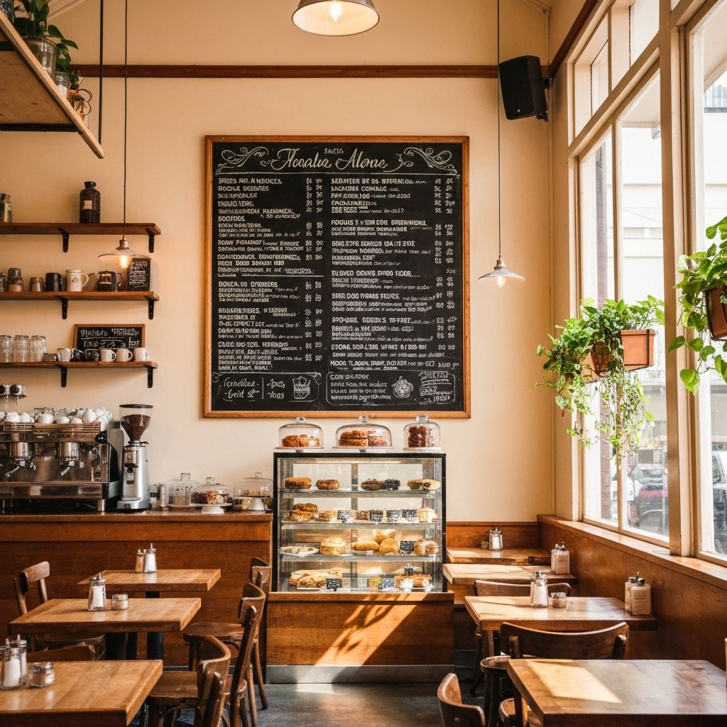 Inside Boardroom Cafe Catering Co. — warm, welcoming interior with espresso machine and fresh food display