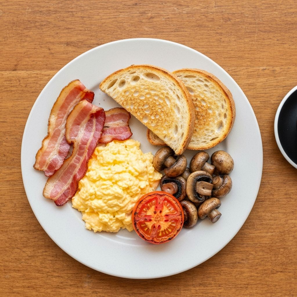 Classic Australian cafe breakfast plate with eggs, bacon, sourdough toast and grilled vegetables