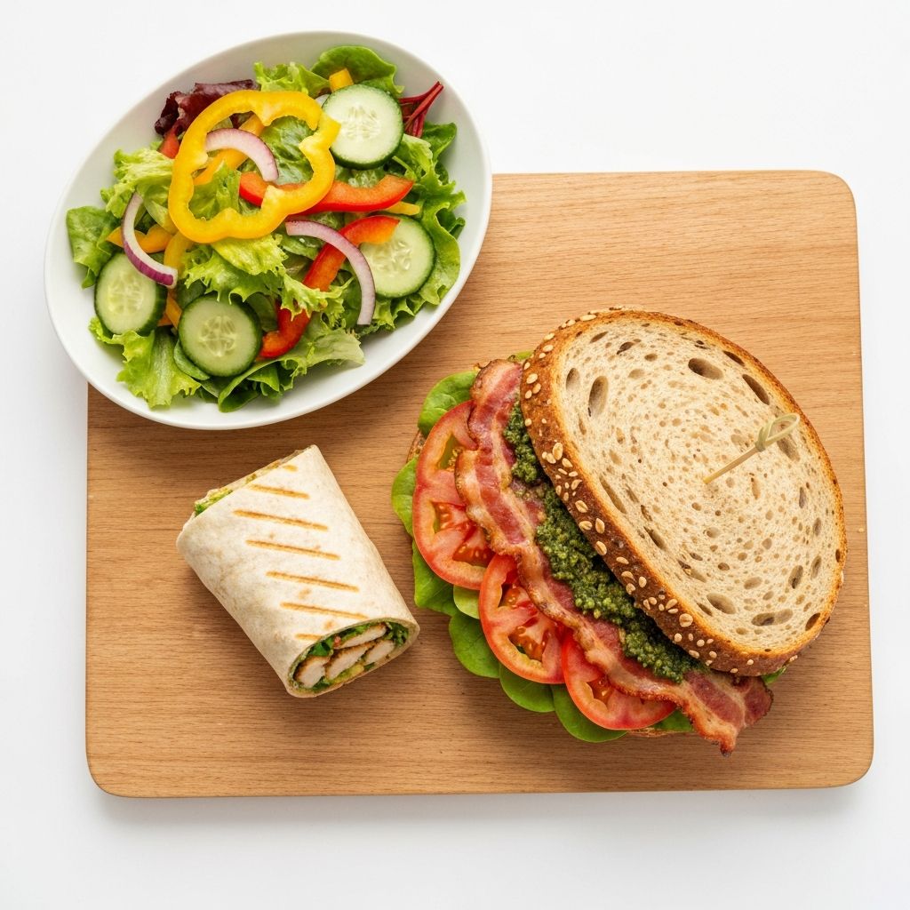 Fresh cafe lunch spread with gourmet sandwich, salad, and wrap on a wooden board